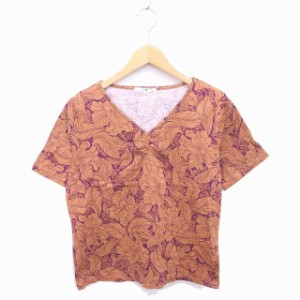 【中古】23区 オンワード樫山 Tシャツ カットソー Vネック 花柄 半袖 46 ブラウン パープル 茶 紫 /TT44 レディース