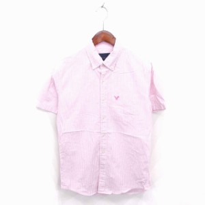 【中古】アメリカンイーグル AMERICAN EAGLE ボタンダウン シャツ ロゴ刺繍 ストライプ 半袖 XS ピンク ホワイト 白