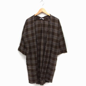 【中古】ニコアンド Niko and.. トッパー ロングシャツ チェック 七分袖 コットン 綿 羽織り ブラウン 茶 /FT9