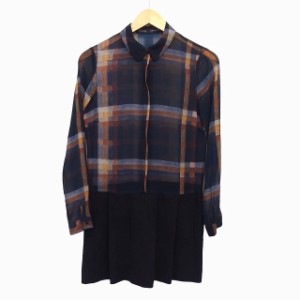 【中古】ザラ ベーシック ZARA BASIC ワンピース シャツワンピ Aライン 膝丈 切替 シースルー チェック 柄 タック XS