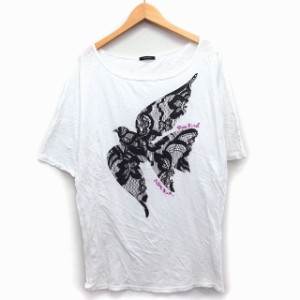 【中古】ローズバッド ROSE BUD ワンピース Tシャツワンピ ミニ 膝上 透け感 鳥プリント 刺繍 七分袖 サブリナネック