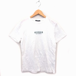 【中古】ゲス GUESS カットソー Tシャツ クルーネック コットン 綿 透け感 ロゴ刺繍 半袖 M 白 ホワイト /NT19 