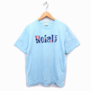 【中古】ロイアル roial カットソー Tシャツ クルーネック リブ コットン 綿 透け感 ロゴプリント 半袖 ライトブルー