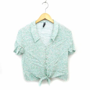 【中古】ザラ ZARA 開襟シャツ ブラウス 透け感 リボン クロップド 花柄 半袖 XS ミントグリーン /NT23 レディース