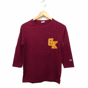 【中古】チャンピオン CHAMPION 七分袖 Tシャツ カットソー 丸首 プリント ロゴマーク コットン 綿 M レッド 赤 /FT35