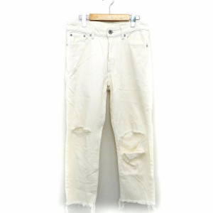 【中古】ジーナシス JEANASIS デニム パンツ テーパード ダメージ加工 パッチ 牛革 コットン 綿 M ライトベージュ