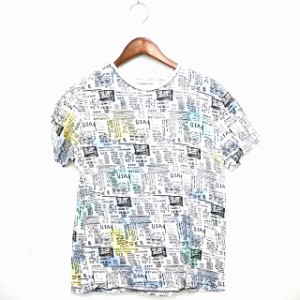 【中古】ザラ ZARA 子供服 Tシャツ カットソー 丸首 総柄 英字 半袖 140 ホワイト ブラック 白 黒 /TT18