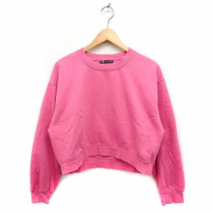 【中古】ザラ ZARA クロップド丈トレーナー スウェット 無地 裏起毛 L ピンク /FT14 レディース