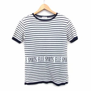 【中古】エル ELLE スポーツ SPORTS チュニック Tシャツ ボーダー 柄 ロゴ 切替リブ 半袖 丸首 綿混 38 アイボリー