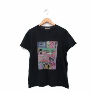 【中古】ヌーディージーンズ nudie jeans カットソー Tシャツ 半袖 コットン プリント XS ブラック /KT40 レディース