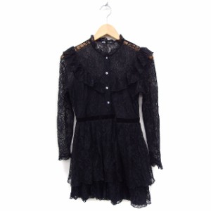 【中古】ザラ ZARA レース ワンピース ミニ 長袖 フレア 透け感 M ブラック 黒 /FT48 レディース