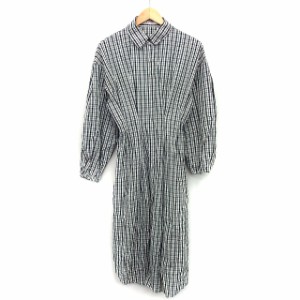 【中古】マウジー moussy シャツワンピ ワンピース フレア ロング ミモレ丈 チェック 柄 タック ボリューム袖 長袖 F