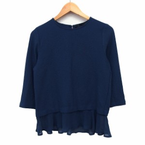 【中古】ザラ ベーシック ZARA BASIC カットソー ブラウス シンプル 切替シフォン ペプラム 長袖 丸首 M ネイビー 紺