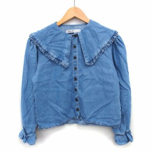 【中古】ザラ ZARA デニム シャツ ショート丈 ビッグカラー フリル 長袖 丸首 XS ブルー 青 /HT28 レディース