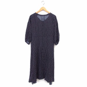 【中古】フェテローブ Fete ROBE シャツワンピース フレア ロング マキシ丈 花柄 ループボタン 七分袖 11 紺 ネイビー