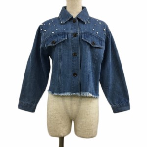 【中古】クイーンズコート JEANS ジャケット デニム ステンカラー パール ビジュー フリンジ 長袖 1 青 ブルー