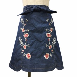 【中古】リランドチュール スカート 台形 ミニ デニム ダンガリー リボンベルト 刺繍 スカラップ 0 青 白 ブルー