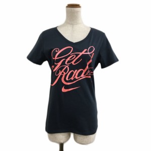 【中古】ナイキ NIKE Tシャツ カットソー プルオーバー Vネック ロゴ プリント ミドル丈 半袖 L グレー ピンク