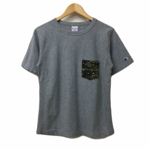 【中古】チャンピオン REVERSE WEAVE Tシャツ クルーネック 無地 迷彩 カモフラ ワッペン ロゴ 半袖 MEDIUM グレー