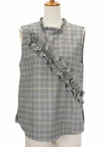 【中古】ザラウーマン ZARA WOMAN カットソー グレンチェック フリル ノースリーブ M 黒 ブラック レディース