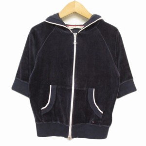 【中古】トミーヒルフィガー TOMMY HILFIGER パーカー ジップアップ 5分袖 ベロア 0 国内正規 紺 ネイビー レディース