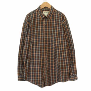 【中古】エディーバウアー EDDIE BAUER シャツ ボタンダウン チェック 長袖 M オレンジ 紺 ネイビー メンズ