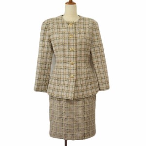 【中古】ハナエモリ HANAE MORI ヴィンテージ スーツ チェック ジャケット スカート 9A3 グレージュ レディース