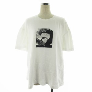 【中古】ザラ ZARA Tシャツ カットソー 五分袖 クルーネック オーバーサイズ コットン プリント L 白 黒 レディース