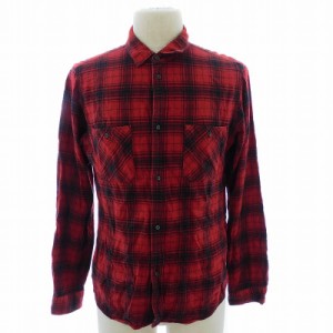 【中古】B&Y ユナイテッドアローズ ステンカラーシャツ 長袖 薄手 チェック L 赤 黒 レッド ブラック トップス メンズ