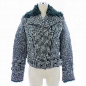 【中古】カルヴェン CARVEN カルガンファー ライダースジャケット ダブル 長袖 ベルト 総柄 34 黒 白 レディース