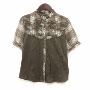 【中古】ザ スコッチ ハウス The Scotch House シャツ チェック 切替 半袖 38 カーキ 白 ホワイト ピンク レディース