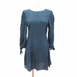 【中古】ザラウーマン ZARA WOMAN ワンピース ひざ丈 長袖 リボン 総柄 M 青 ブルー /CT ■MO レディース