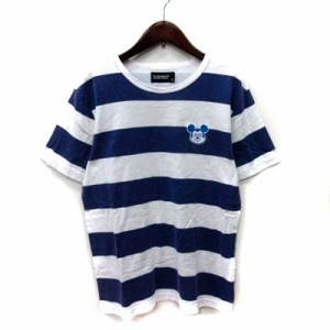 【中古】デザインワークス DESIGNWORKS Tシャツ カットソー ボーダー 半袖 ワッペン 紺 ネイビー 白 ホワイト /YI 