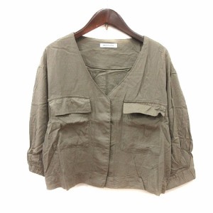 【中古】ナチュラルクチュール natural couture ノーカラージャケット 麻混 リネン混 七分袖 F カーキ /MS レディース