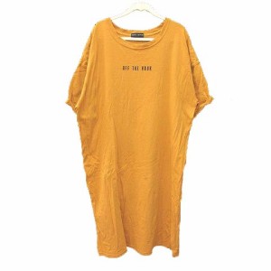 【中古】ロデオクラウンズ Tシャツワンピース ひざ丈 七分袖 ドロップショルダー ロゴプリント 刺繍 F ? ■MO