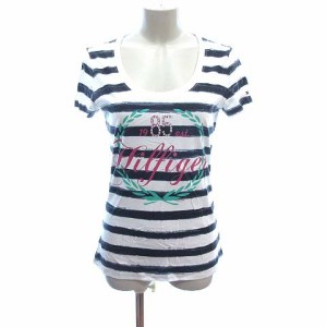 【中古】トミーヒルフィガー TOMMY HILFIGER Tシャツ カットソー 半袖 Uネック ボーダー プリント ラインストーン S