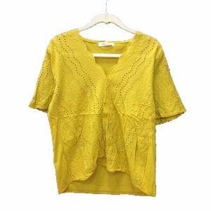 【中古】ショコラフィネローブ chocol raffine robe カットソー スカラップネック 刺繍 カットワーク 半袖 F 黄色