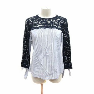 【中古】ザラ ベーシック ZARA BASIC ブラウス 切替 ストライプ 総レース 長袖 S 紺 ネイビー 白 /YK ■MO レディース