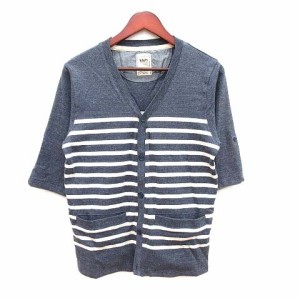 【中古】ネイビー NAVY ニットカーディガン 七分袖 ロールアップ Vネック ボーダー M 紺 ネイビー /CT メンズ