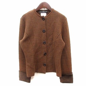 【中古】ジャンルイシェレル JEAN-LOUIS SCHERRER ノーカラージャケット カーディガン ニット 総柄 ウール 茶