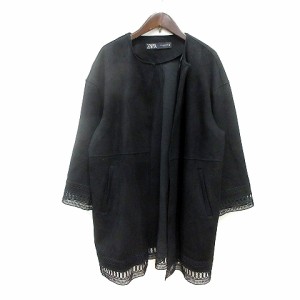 【中古】ザラ ZARA ノーカラーコート ロング レース S 黒 ブラック /MN レディース