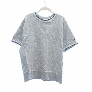 【中古】チャンピオン Tシャツ カットソー 五分袖 ラグランスリーブ スウェット 裏起毛 ライン ロゴワッペン L グレー