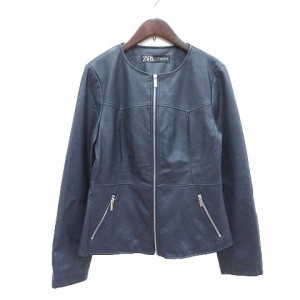 【中古】ザラ ZARA ノーカラージャケット フェイクレザー ジップアップ 総裏地 L 紺 ネイビー /CT ■MO レディース