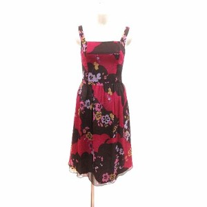 【中古】アナスイ ANNA SUI ワンピース ひざ丈 花柄 ノースリーブ 絹 シルク 2 こげ茶 ピンク /YK レディース