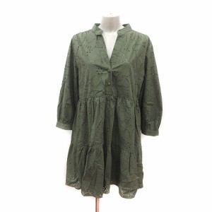 【中古】ザラ ZARA ワンピース ひざ丈 花柄 長袖 L カーキ /MS レディース