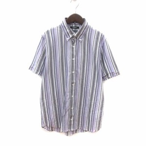 【中古】モルガンオム ボタンダウンシャツ ストライプ 半袖 L 紫 パープル 白 ホワイト 黒 グレー メンズ