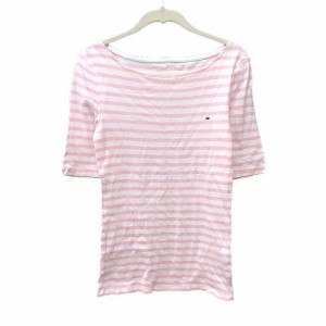 【中古】トミーヒルフィガー Tシャツ カットソー 五分袖 ボートネック ボーダー ロゴ刺繍 S ピンク 白 ホワイト