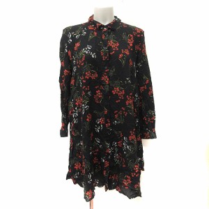 【中古】ザラウーマン ZARA WOMAN シャツワンピース ひざ丈 長袖 花柄 黒 ブラック 赤 レッド /YI レディース