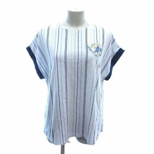 【中古】グラニフ graniph Tシャツ カットソー 半袖 ロールアップ ストライプ 刺繍 ボートネック F 青 ブルー 