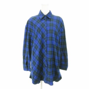 【中古】ザラ ZARA ワンピース シャツ ミニ 長袖 チェック 切替 オーバーサイズ 裾ラウンド M 青 ブルー /AH20 ☆